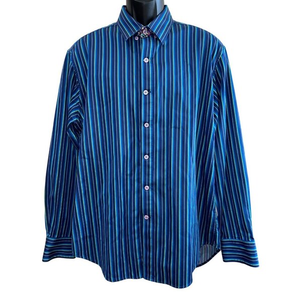 Robert Graham Mens XL Blue Striped Cotton Long Sleeve Button-Up Shirt - Picture 1 of 8